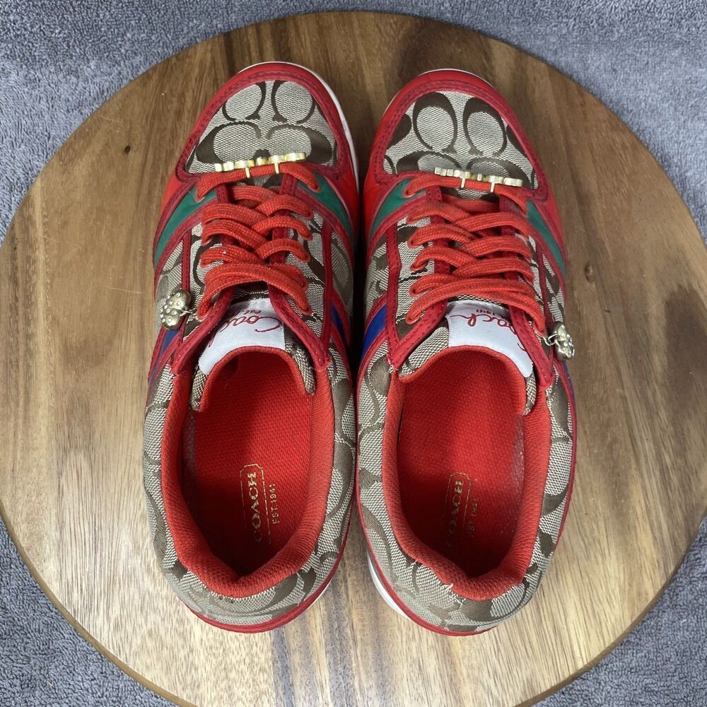 VTG Coach Sneakers Oriana Women's Size 9.5 Rhinestones Charms Logo Red Khaki Y2K - Picture 7 of 9